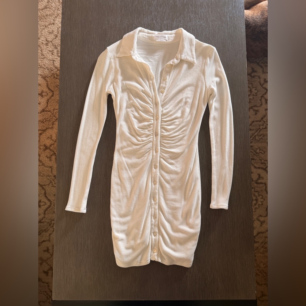 White Ruched Button-Front Long Sleeve Dress